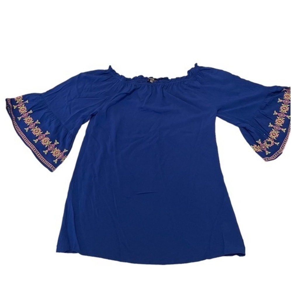 Umgee Royal Blue Off The Shoulder Embroidered Bell Sleeve Boho Blouse Medium